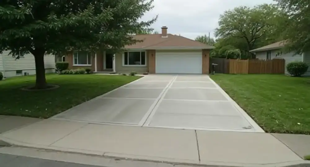 Straight broom-finish concrete driveway on a bungalow — driveways by JLB in Waukee, Iowa