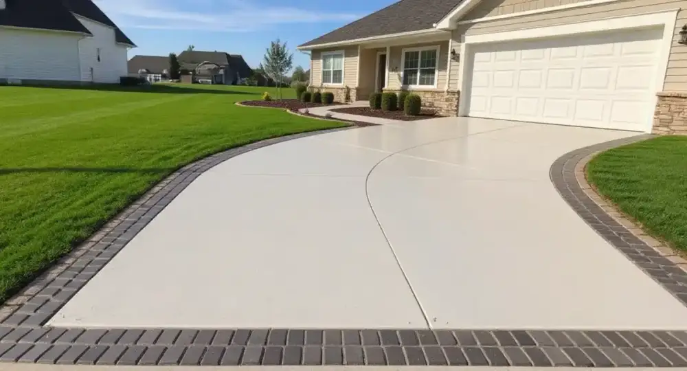 Concrete driveway with a stamped decorative border — driveways by JLB in Waukee, Iowa