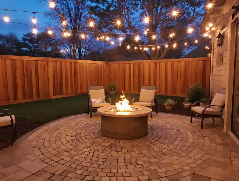 Concrete patio with fire-pit area in the evening — patios by JLB in Ames, Iowa