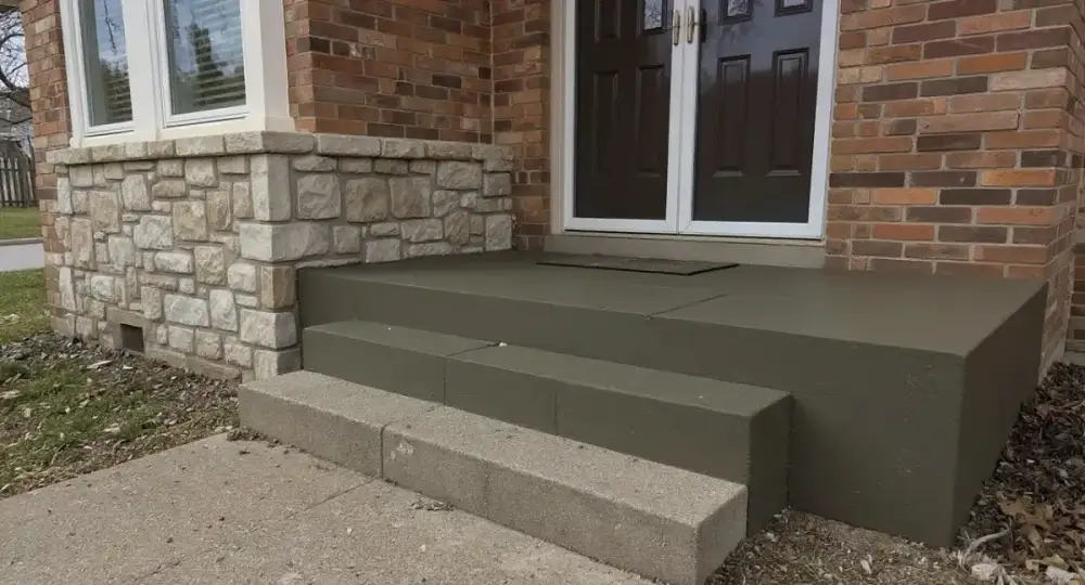 Concrete walkway with steps to a brick entrance — sidewalks by JLB in Grimes, Iowa