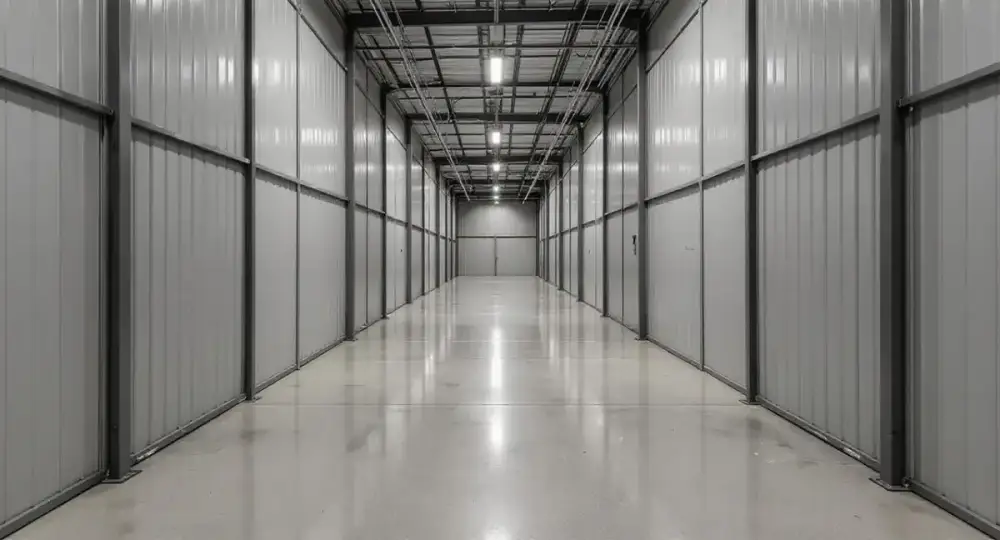 Concrete aisle floor between steel shelving — industrial floors by JLB in Altoona, Iowa