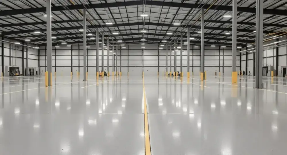Sealed concrete warehouse floor with steel racking — industrial floors by JLB in Altoona, Iowa