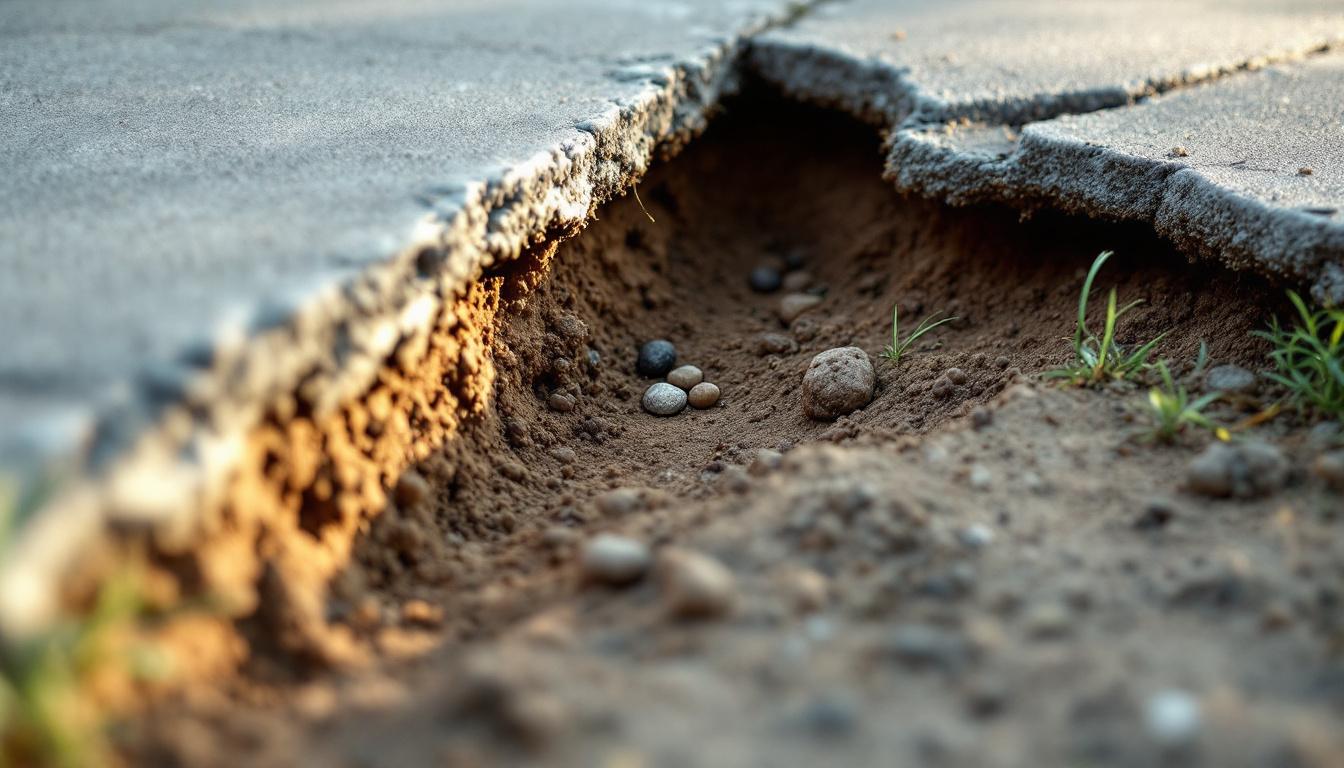 Void under settled concrete slab before polyjacking repair