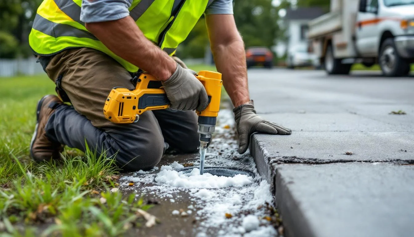 Foam injection process at work lifting a settled driveway in Shawnee, KS