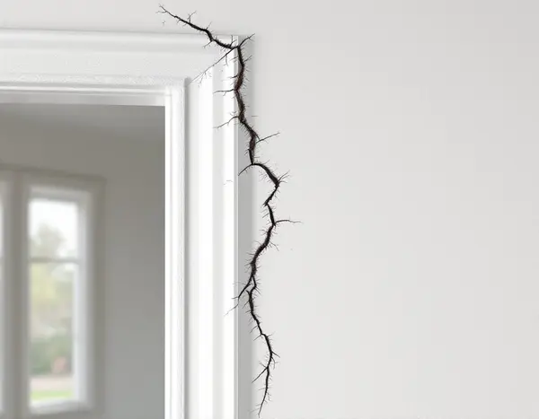 Door frame distortion and spreading drywall crack — photographed during home inspection