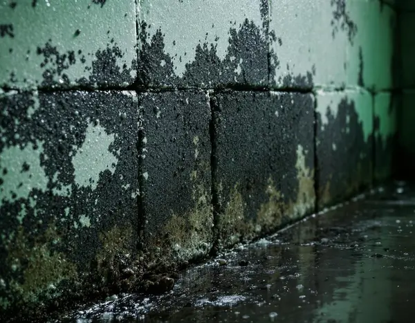 Chronic moisture infiltration shown by mold and mineral staining in Jackson County basement