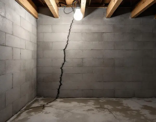 Bowing basement wall with horizontal crack along mortar joint