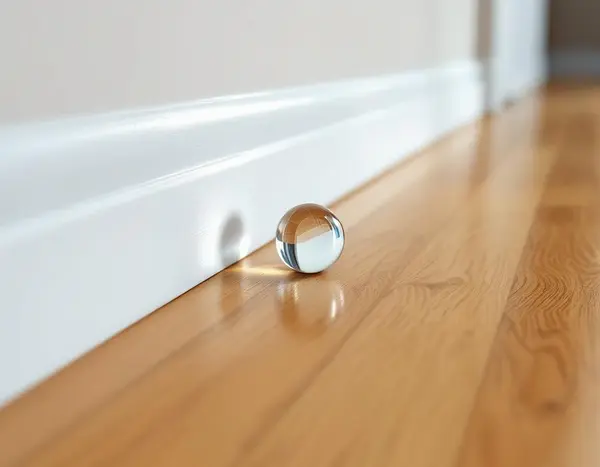 Sloping floor with visible gap at baseboard showing settlement