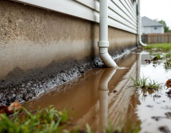 Standing water pooled against home foundation after rain